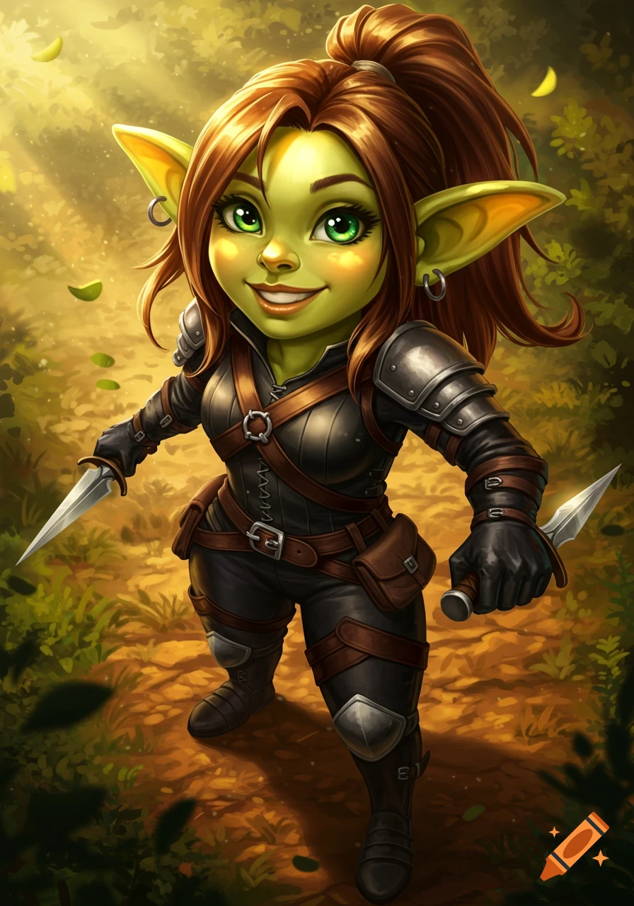A cute female goblin rogue with brown hair, in black leather armor, wielding two daggers in a sunlit forest, digital art.
