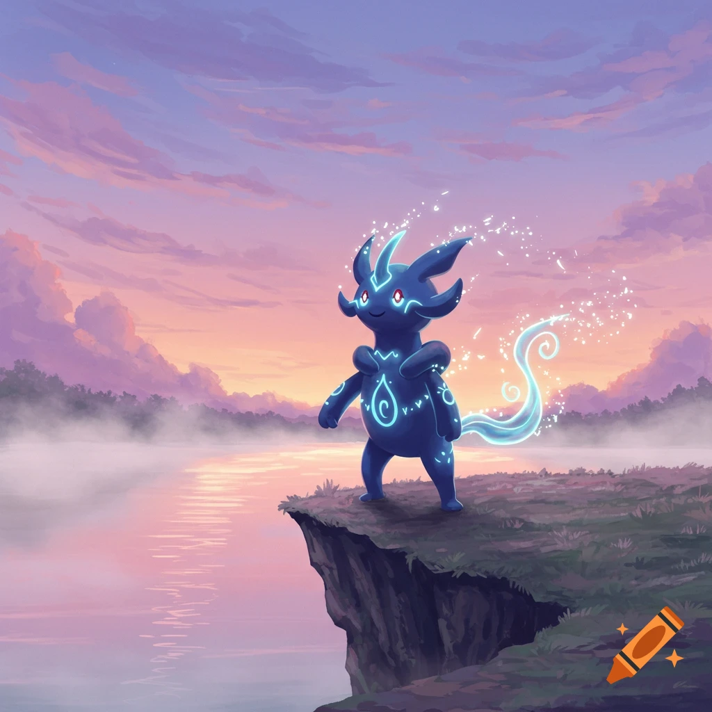 A glowing dark blue creature with red eyes stands on a cliff overlooking a misty lake at sunset, with magical sparkles.