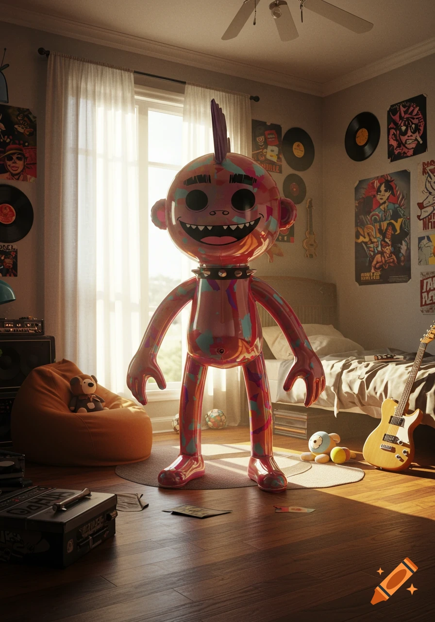 A large, colorful inflatable toy resembling Noodle from Gorillaz stands in a sunlit bedroom with a bed, beanbag chair, guitar, and music posters.