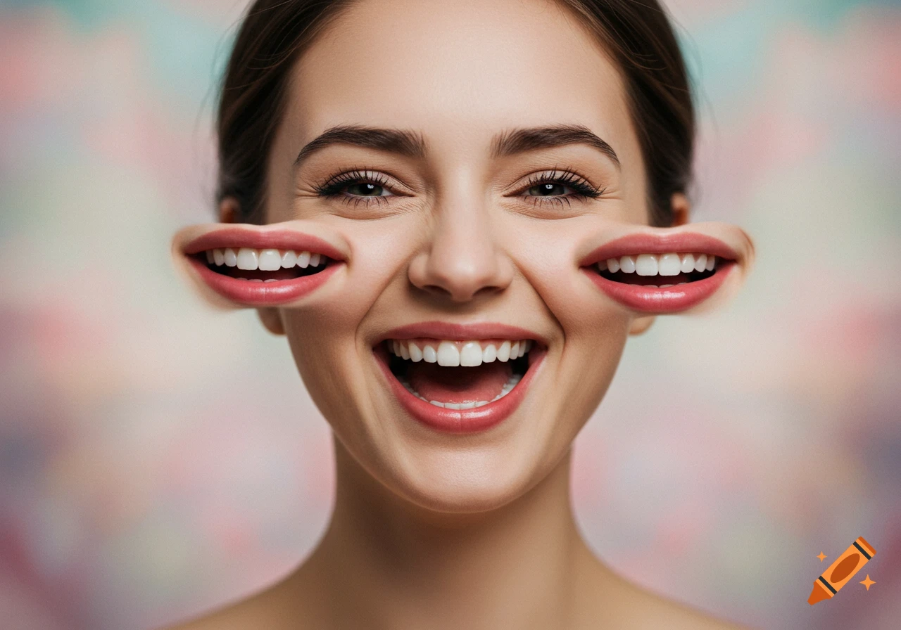 Close-up photorealistic portrait of a laughing woman with two small mouths where her eyes should be.