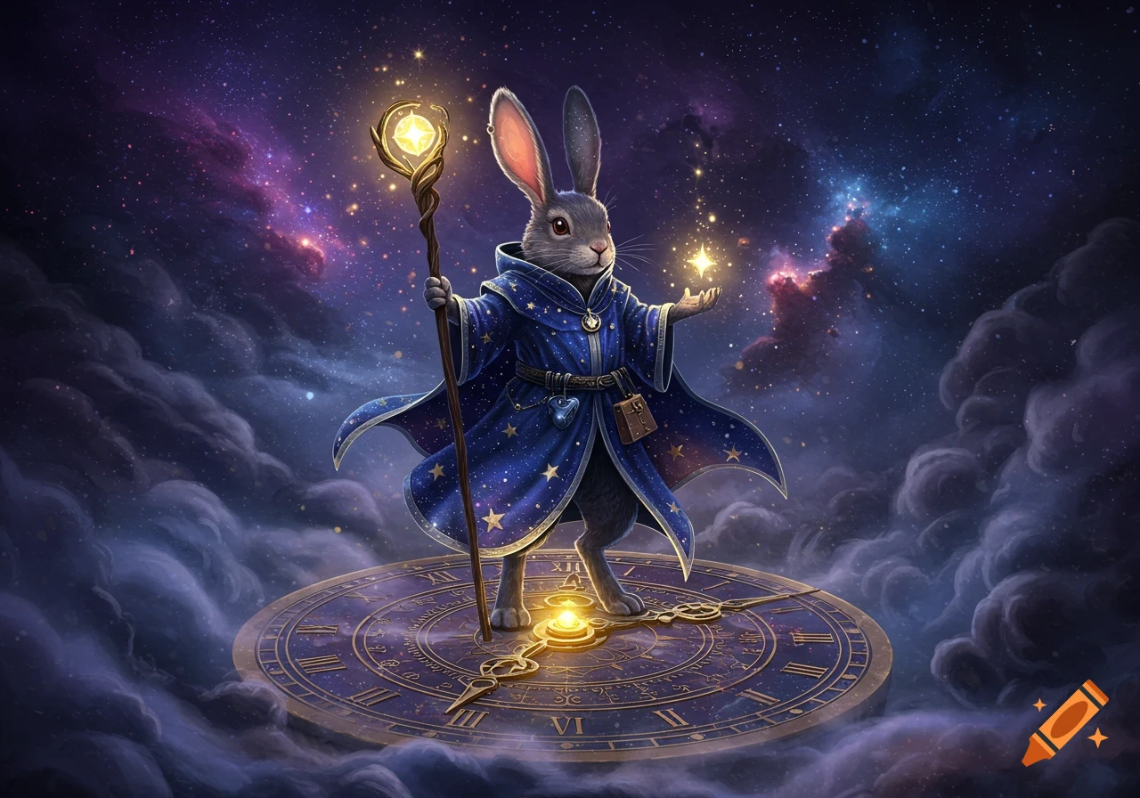 A wizard rabbit in a starry blue robe holds a glowing staff, standing on a large golden clock face amidst cosmic clouds and stars.