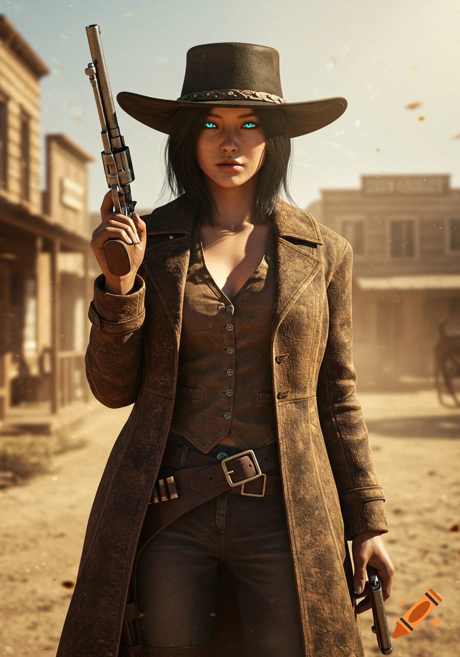 A photorealistic depiction of a female Korean western gunslinger with glowing blue eyes, wearing a brown duster coat and hat, holding two revolvers in a dusty old west town.