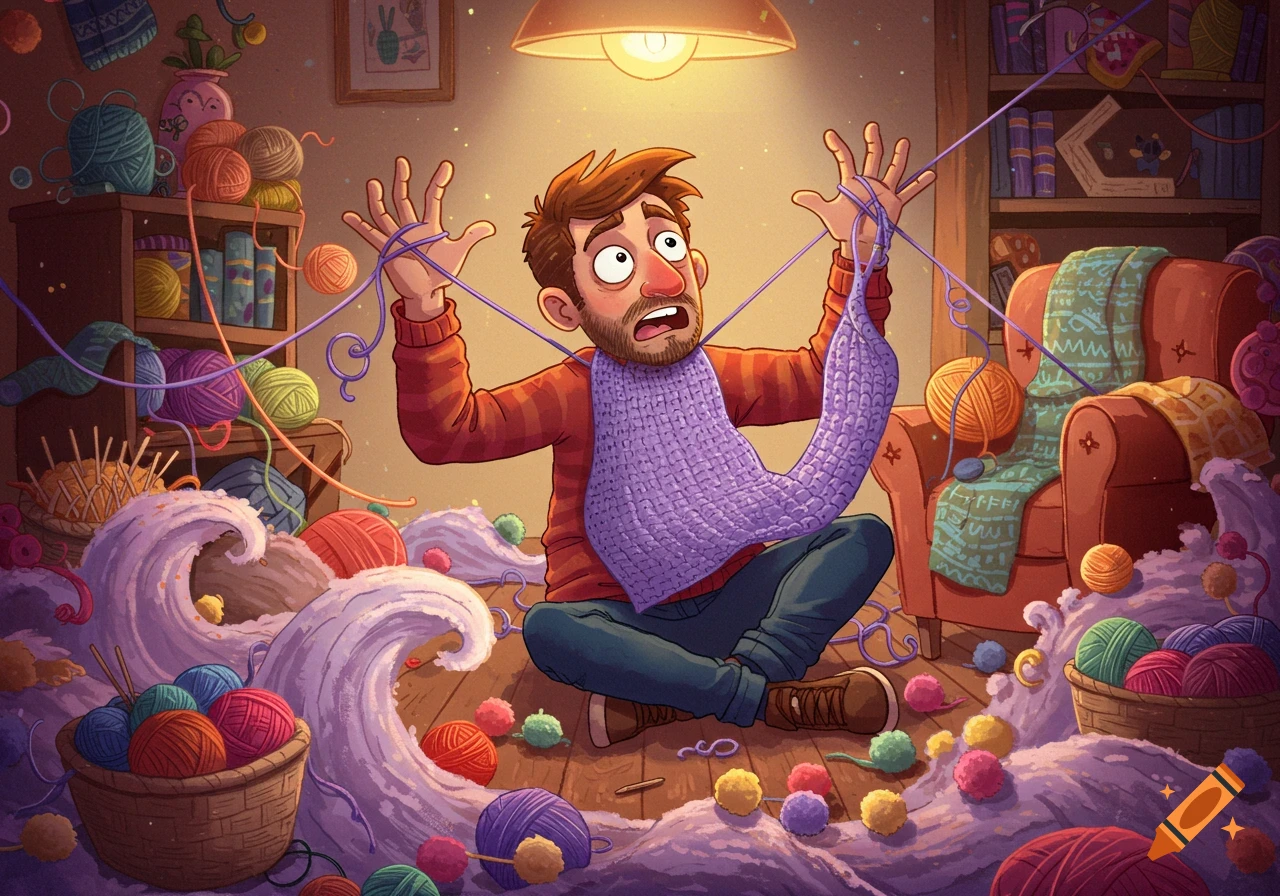 A cartoon man with a beard, sitting on the floor, tangled in purple yarn with a panicked expression. Colorful yarn balls are scattered around him in a messy room.