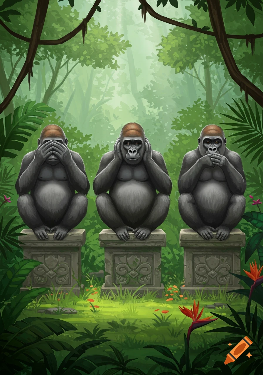 Three gorillas in a jungle, posed as 'see no evil, hear no evil, speak no evil' in an illustrative style.