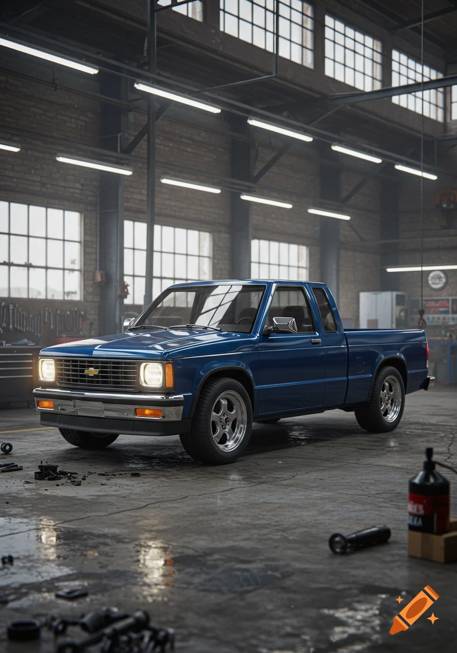A photorealistic image of a blue Chevrolet pickup truck parked in a dimly lit garage with tools scattered on the wet floor.