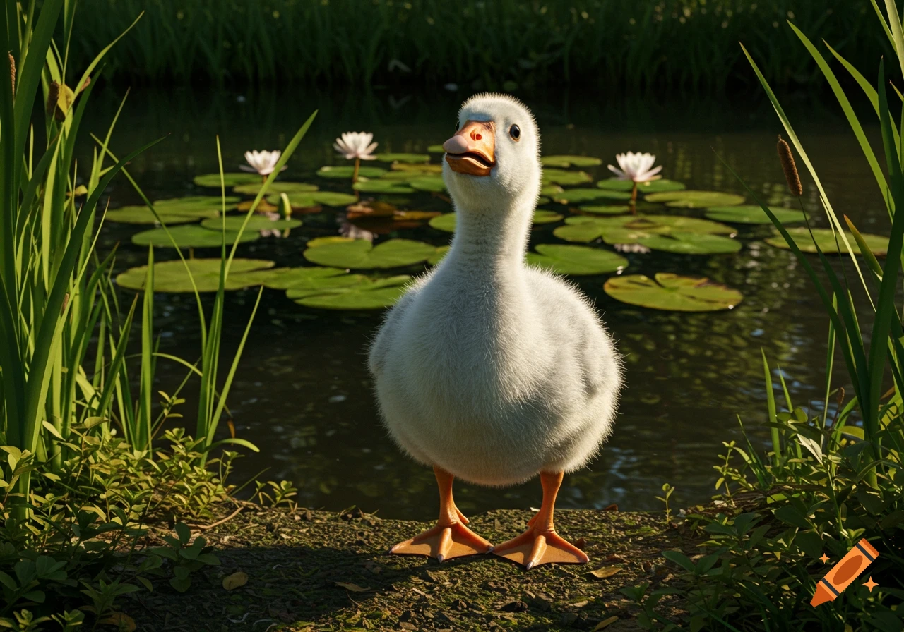 A cute duckling stands by a pond with lily pads and tall green reeds. The duckling looks up with a slight smile.