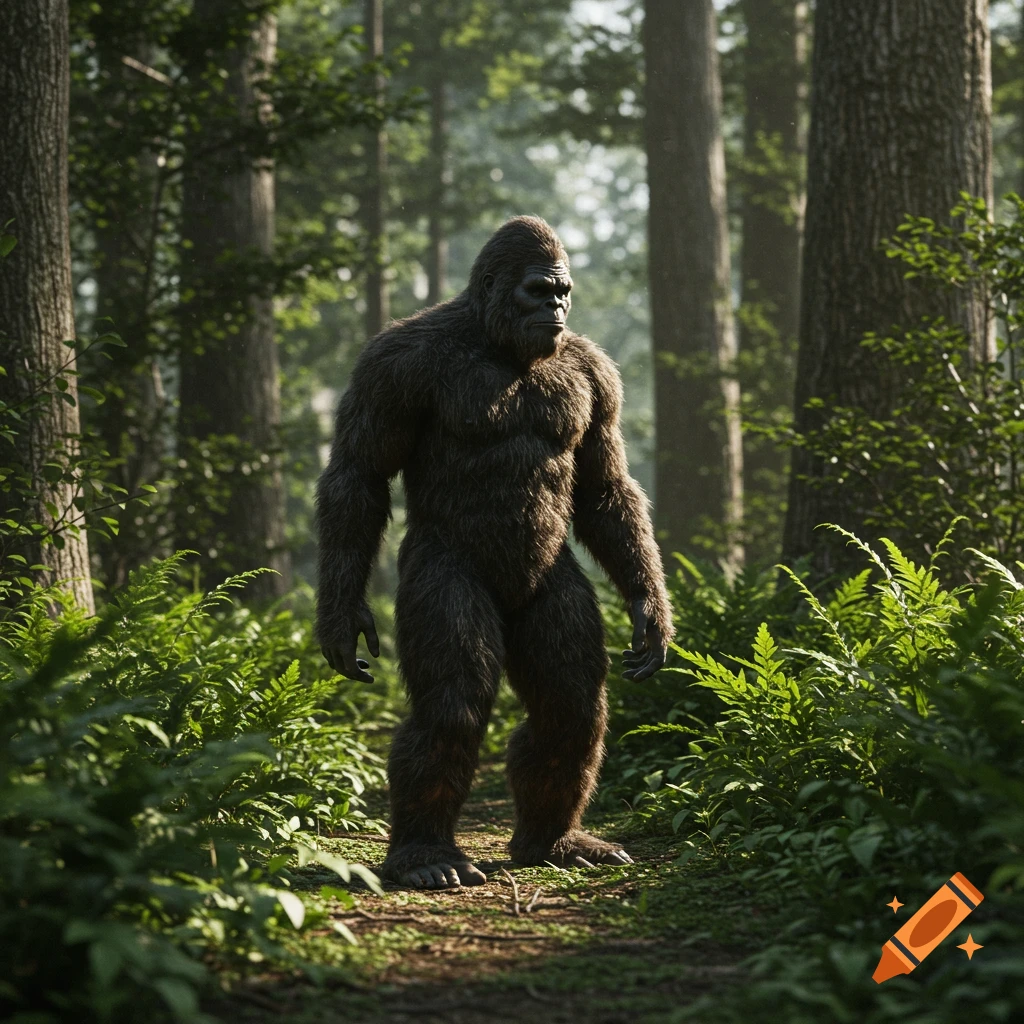 A photorealistic image of a large, hairy Bigfoot creature standing on a path in a lush, green forest.