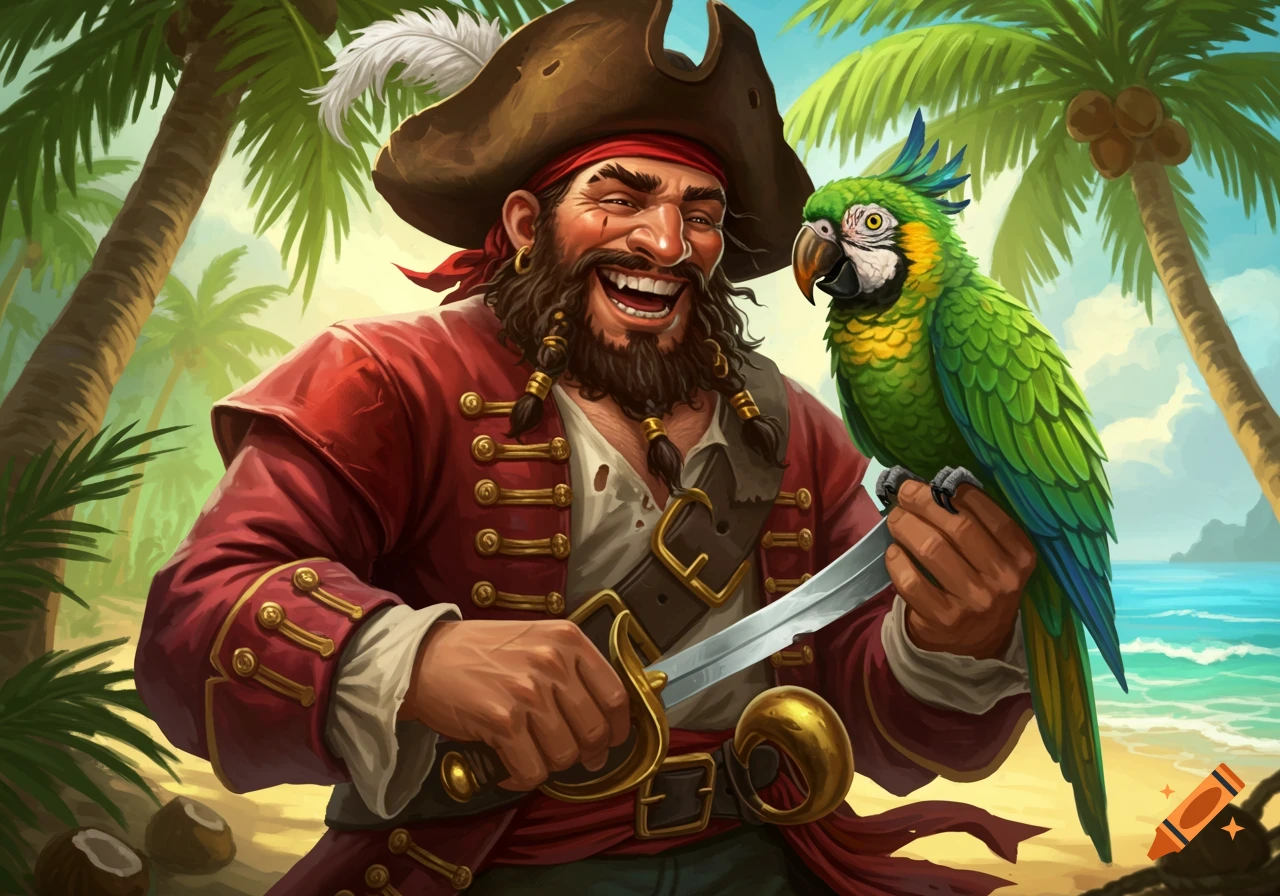 A laughing pirate in a red coat and tricorn hat holds a cutlass, with a green parrot perched on his arm, on a tropical beach.