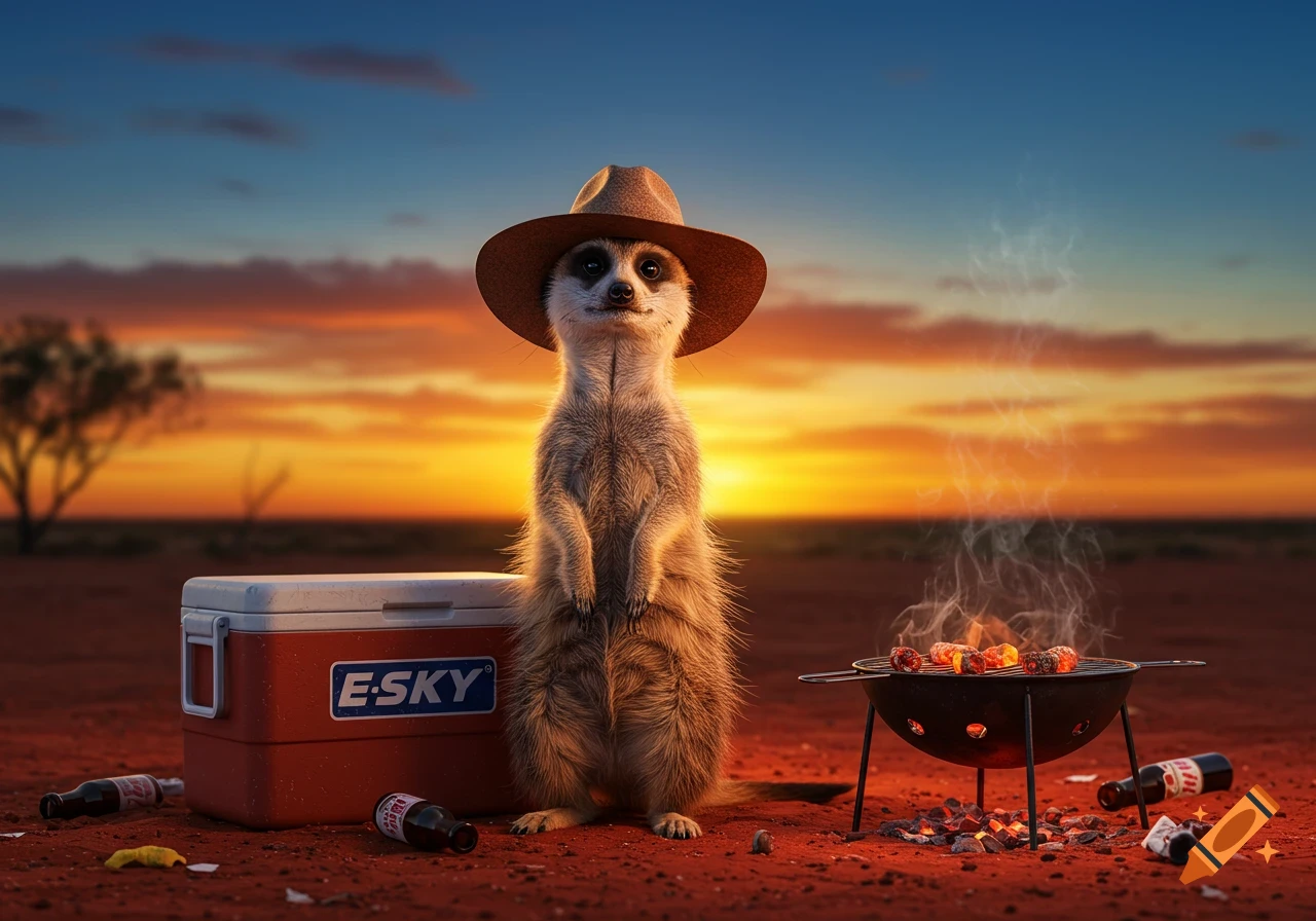 A photorealistic meerkat in a cowboy hat stands by a cooler and grilling BBQ in a vast desert at sunset.