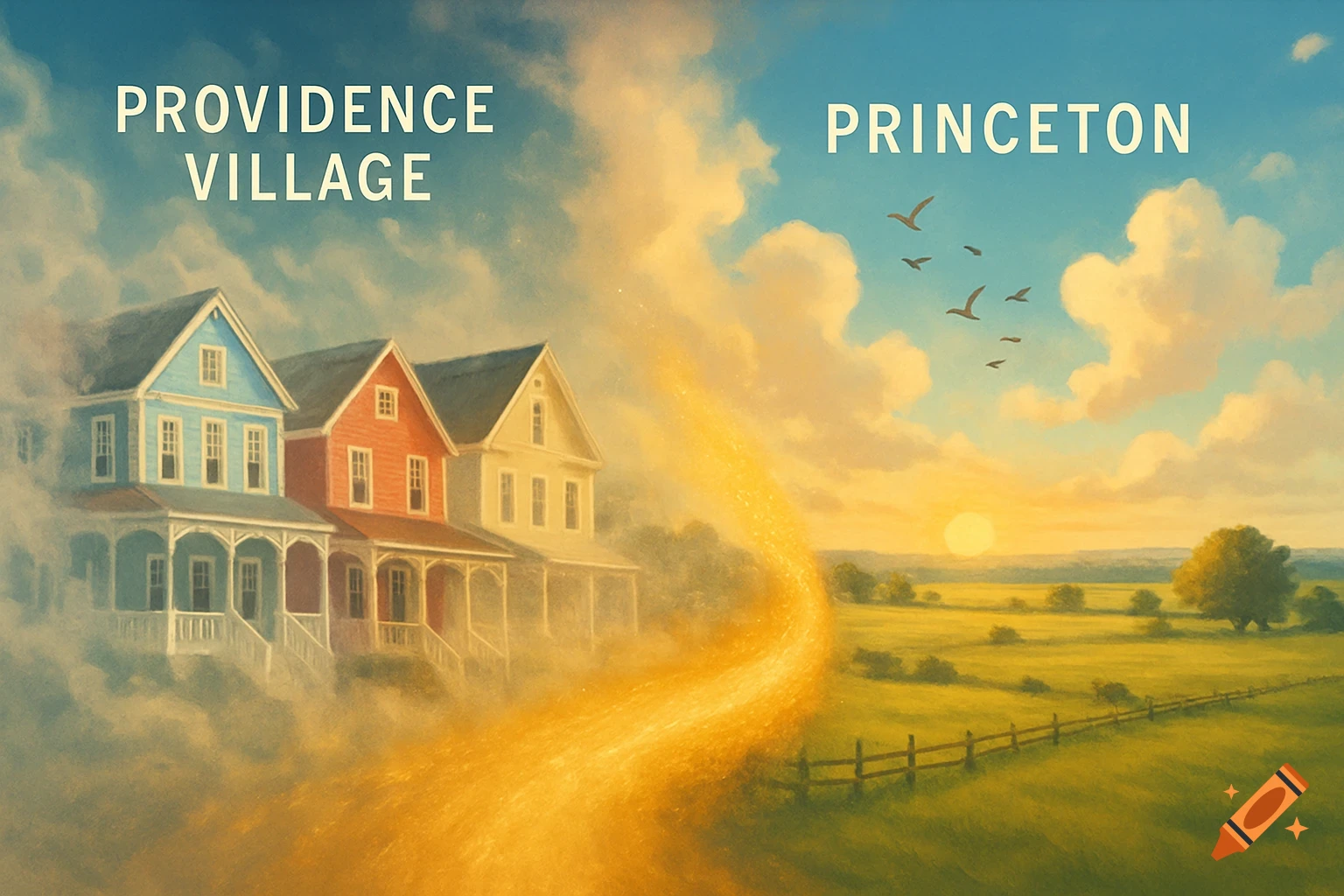 Painting of colorful houses labeled 'Providence Village' connected by a golden path to a sunny landscape with 'Princeton' text above.
