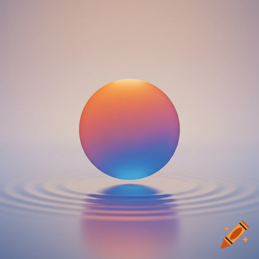 A vibrant gradient sphere hovers over a rippled reflective surface with a soft background.