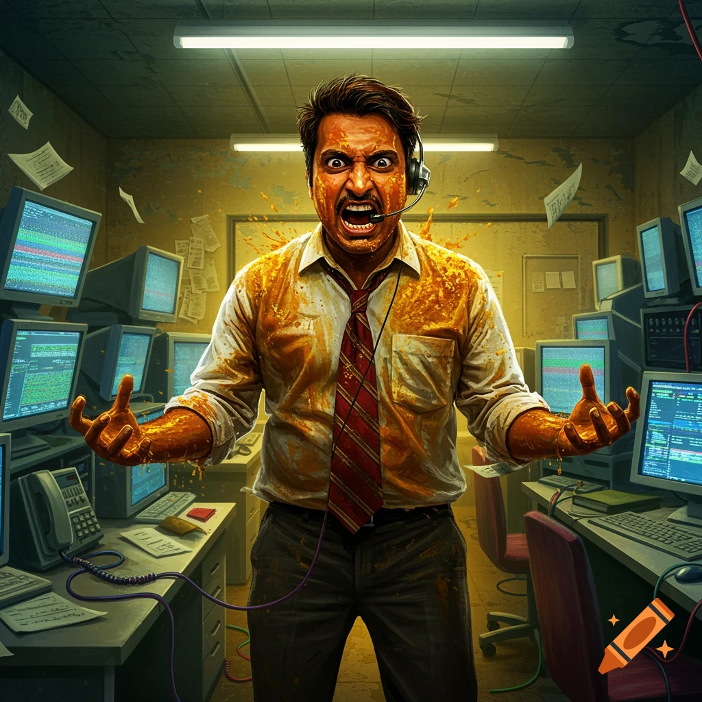 An Indian man covered in curry screams in frustration in a messy office surrounded by computer monitors.