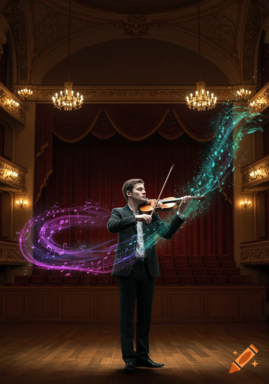 A man plays a violin on a concert hall stage with glowing musical notes.