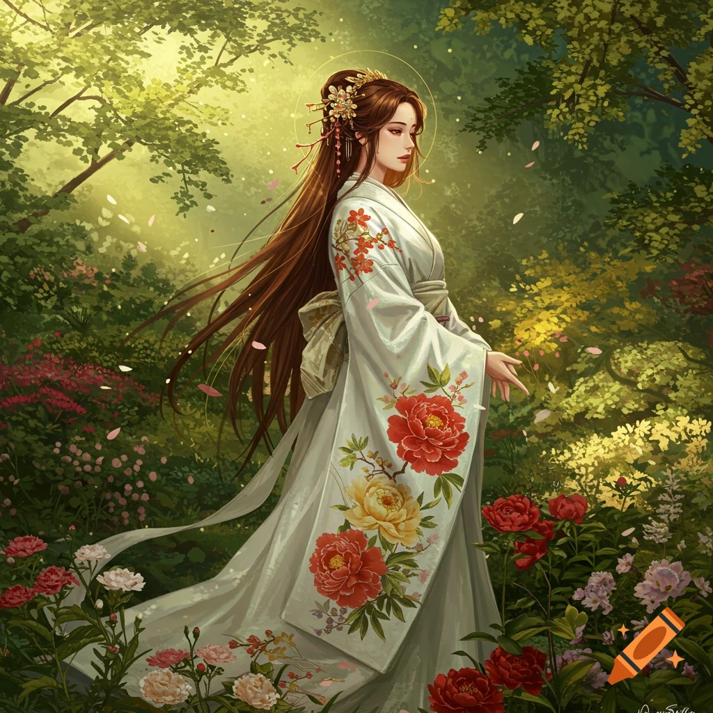 A Japanese woman in a white kimono adorned with red and yellow flowers stands in a lush, sunlit garden.