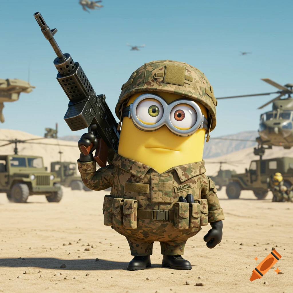 A Minion character in military camouflage uniform holding a large machine gun in a desert setting with military vehicles.