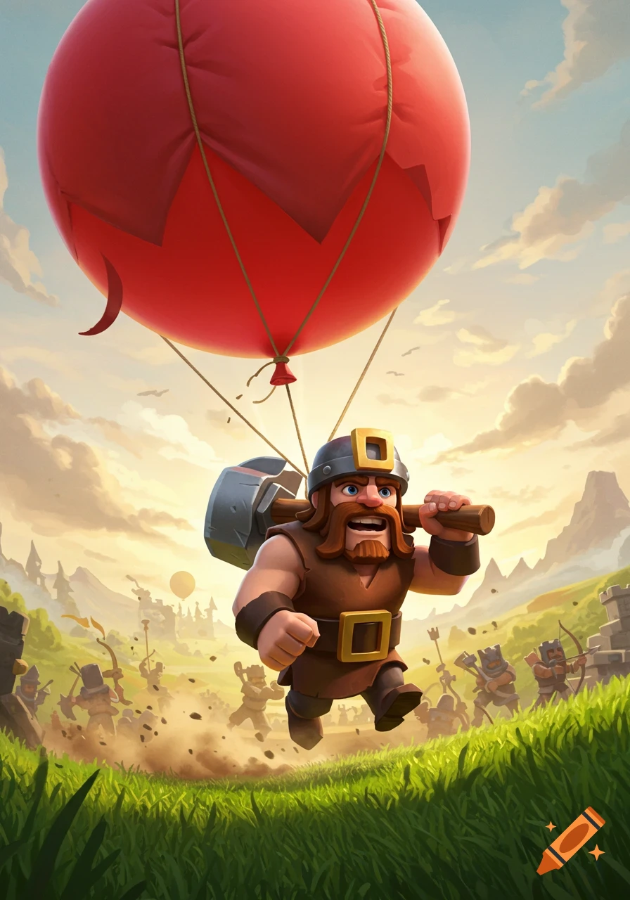 A cartoon dwarven character with a hammer and a red hot air balloon runs across a grassy battlefield with other figures and a castle.