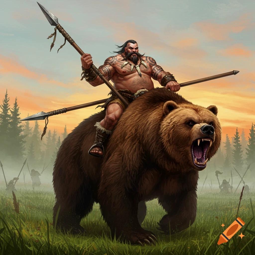 A muscular, tattooed man with mutton chops rides a roaring grizzly bear into battle at sunset, holding a spear.