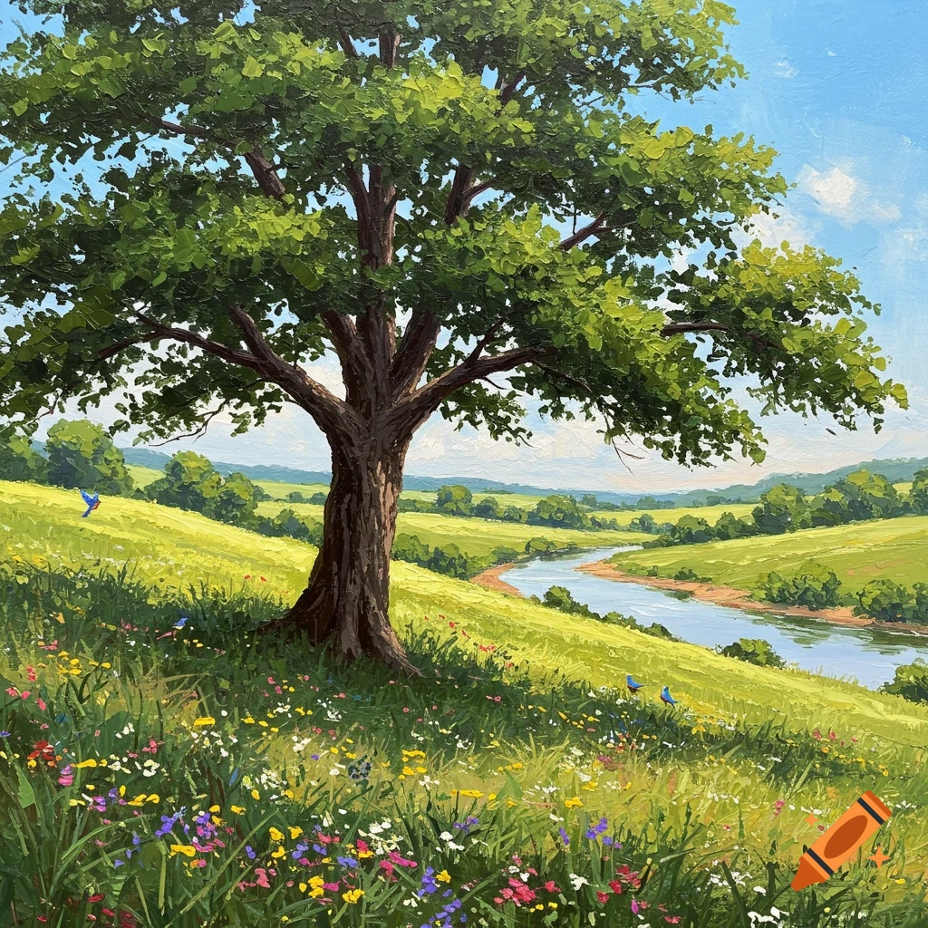 A vibrant painting of a large tree overlooking a winding river through green hills under a blue sky, with wildflowers in the foreground.