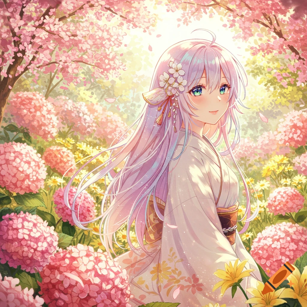 An anime girl with long lavender hair and a white kimono stands in a vibrant field of pink and yellow flowers under a sunny sky.