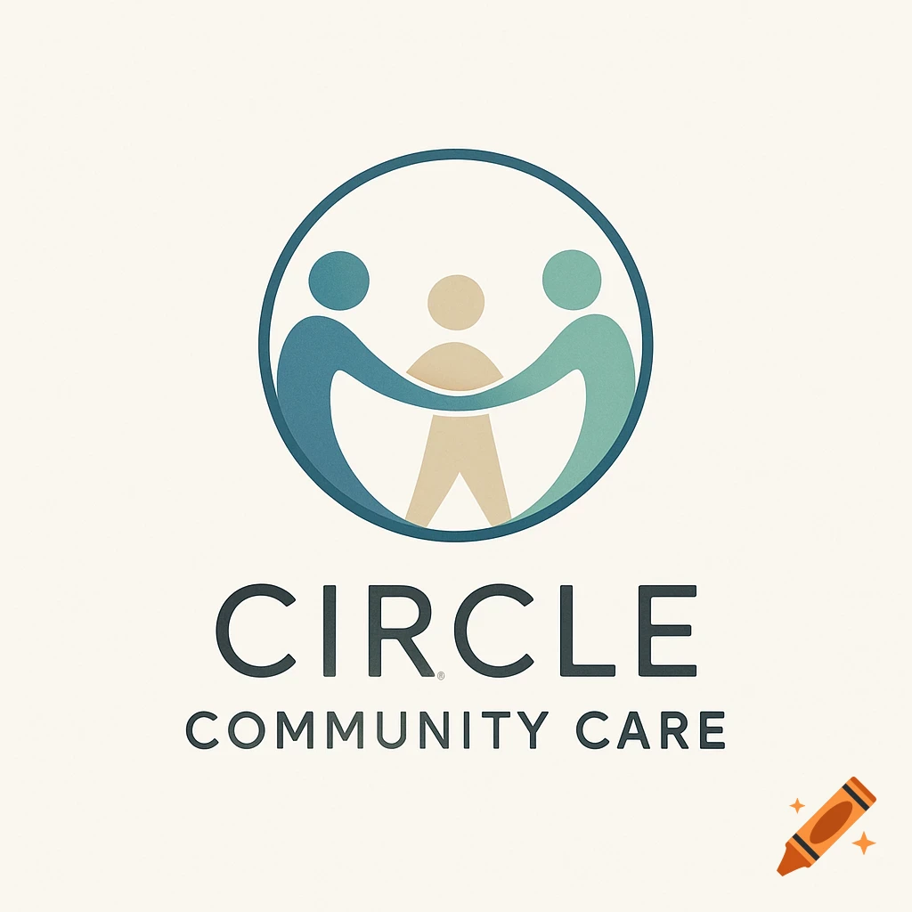 Minimalist logo featuring three abstract human figures in blue and beige forming a circle above the text 'CIRCLE COMMUNITY CARE'.