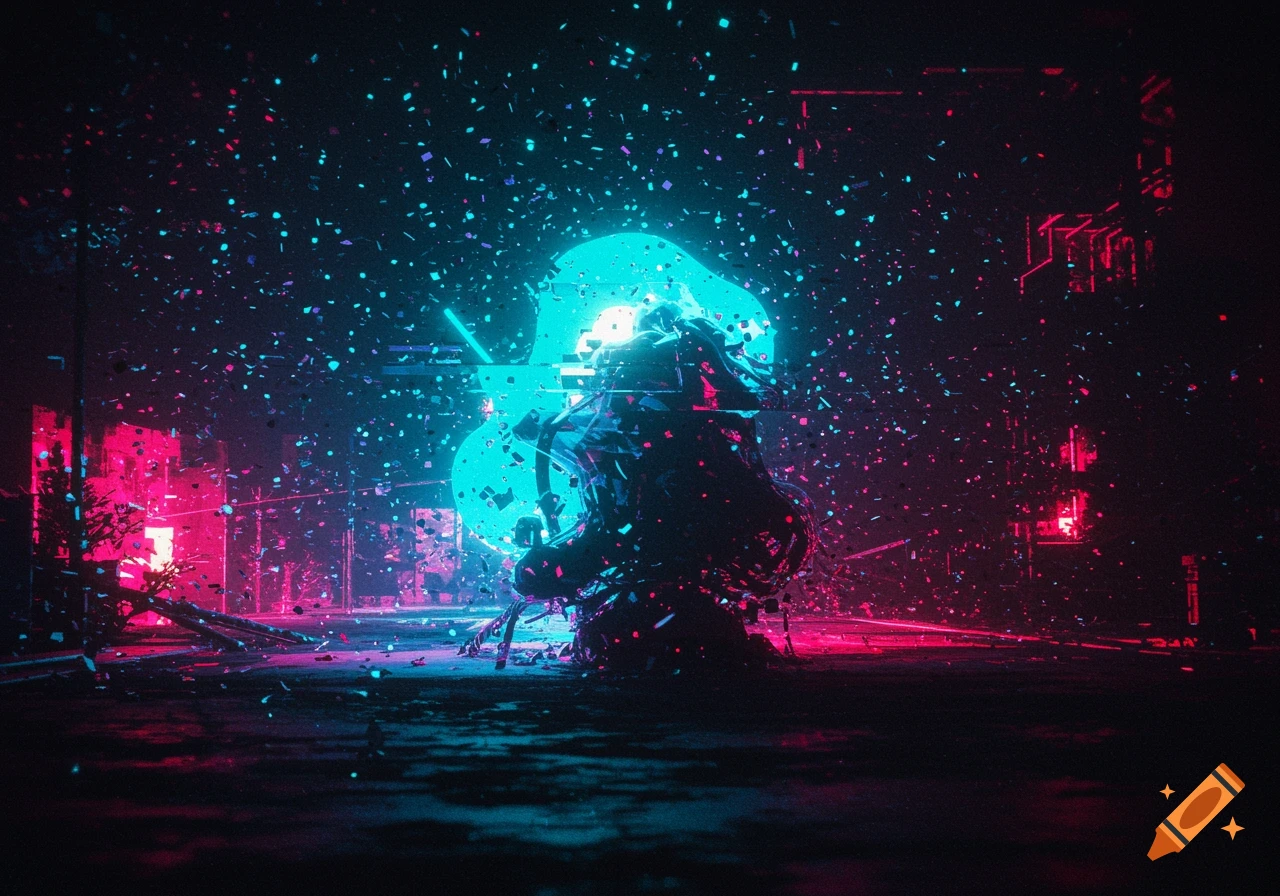 Vibrant abstract glitch art with a glowing cyan shape shattering into particles against a dark background with neon pink and blue lights.