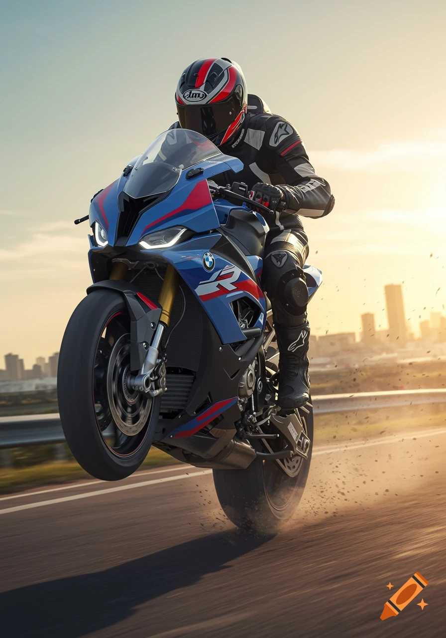 A photorealistic blue and red BMW M1000RR motorcycle does a wheelie on a highway at sunset, with a city skyline in the background.