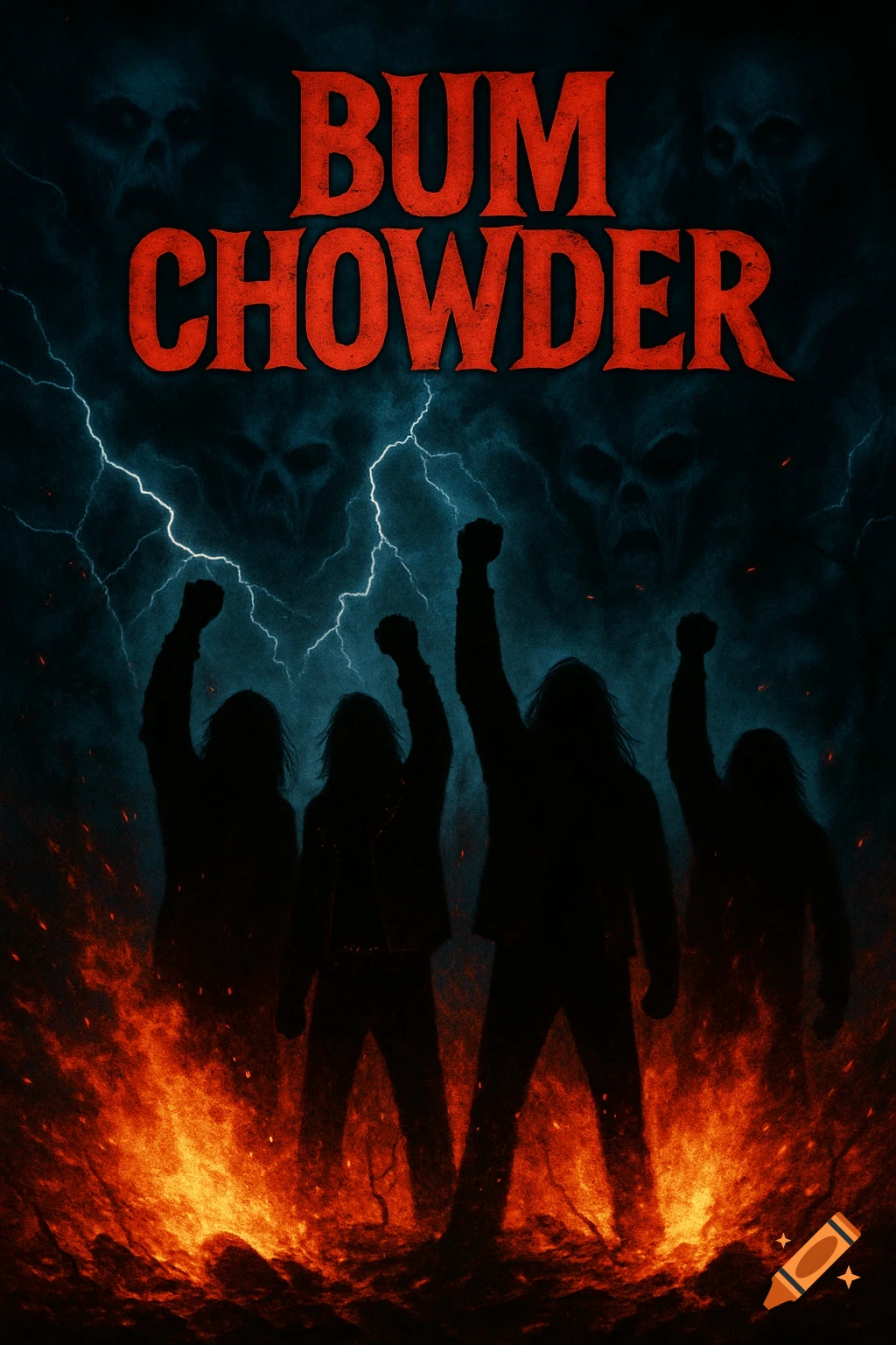 A heavy metal album cover with the band name "BUM CHOWDER" in red at the top. Below, four silhouetted figures with long hair and raised fists stand in front of roaring flames. The background is a dark, stormy sky with lightning bolts and subtle, eerie skull faces.