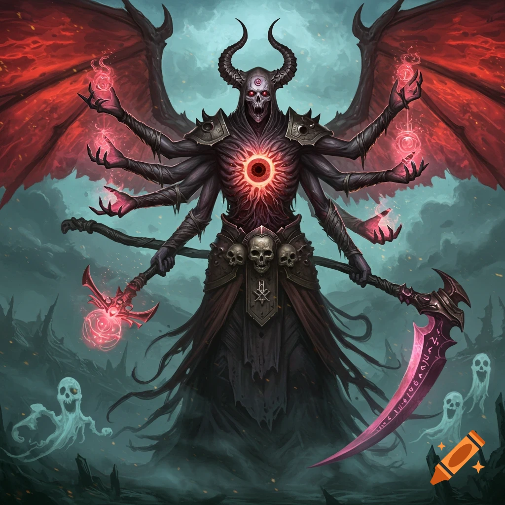 A terrifying, multi-armed demonic lich with red wings and horns, holding a scythe and staff, with glowing eyes and a chest void, surrounded by ghostly figures in a dark fantasy setting.
