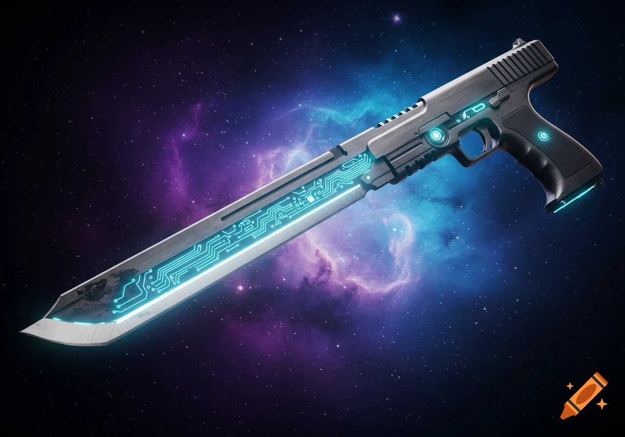 A futuristic sci-fi gun-blade weapon with glowing blue circuit patterns, set against a vibrant purple and blue nebula in deep space.