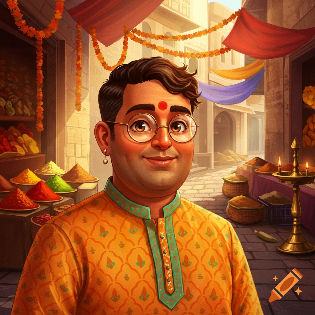 An illustration of a smiling Indian man in glasses and an orange kurta standing in a colorful market with spice stalls.