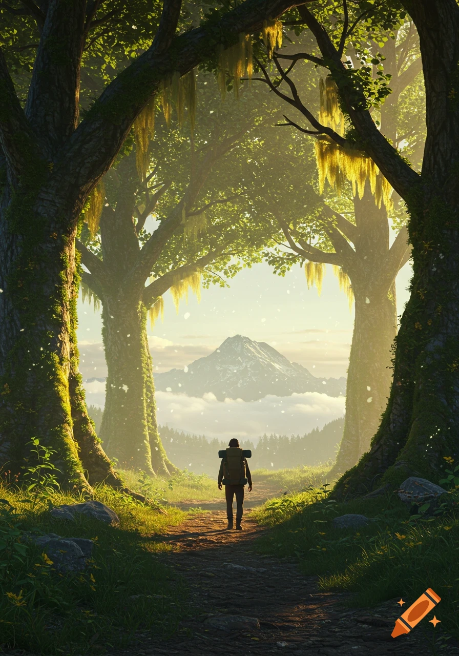 A lone hiker with a backpack walks on a dirt path through a sunlit forest archway of large mossy trees, towards a misty mountain peak.