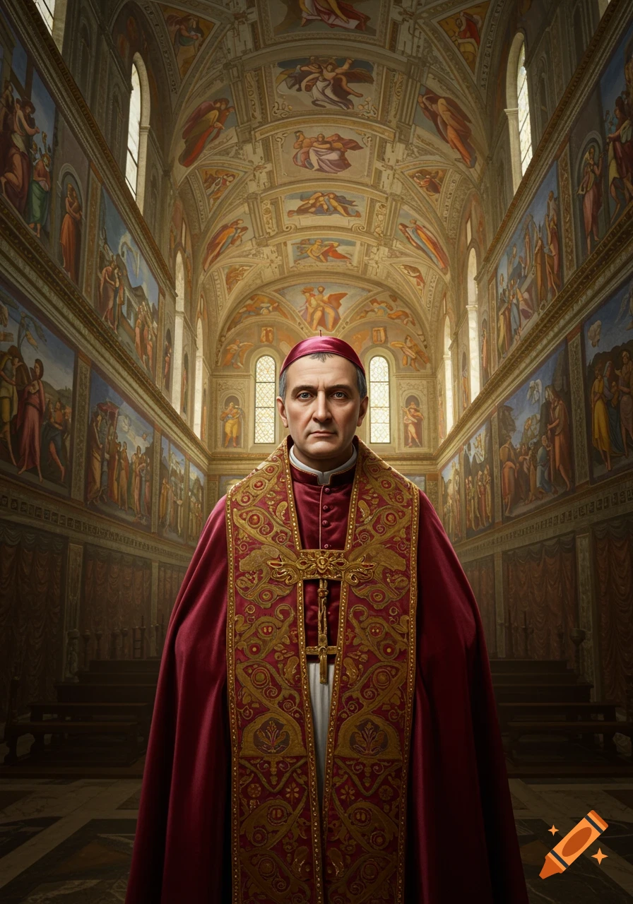 Photorealistic portrait of a Pope in red and gold vestments standing in a grand church hall with frescoes.