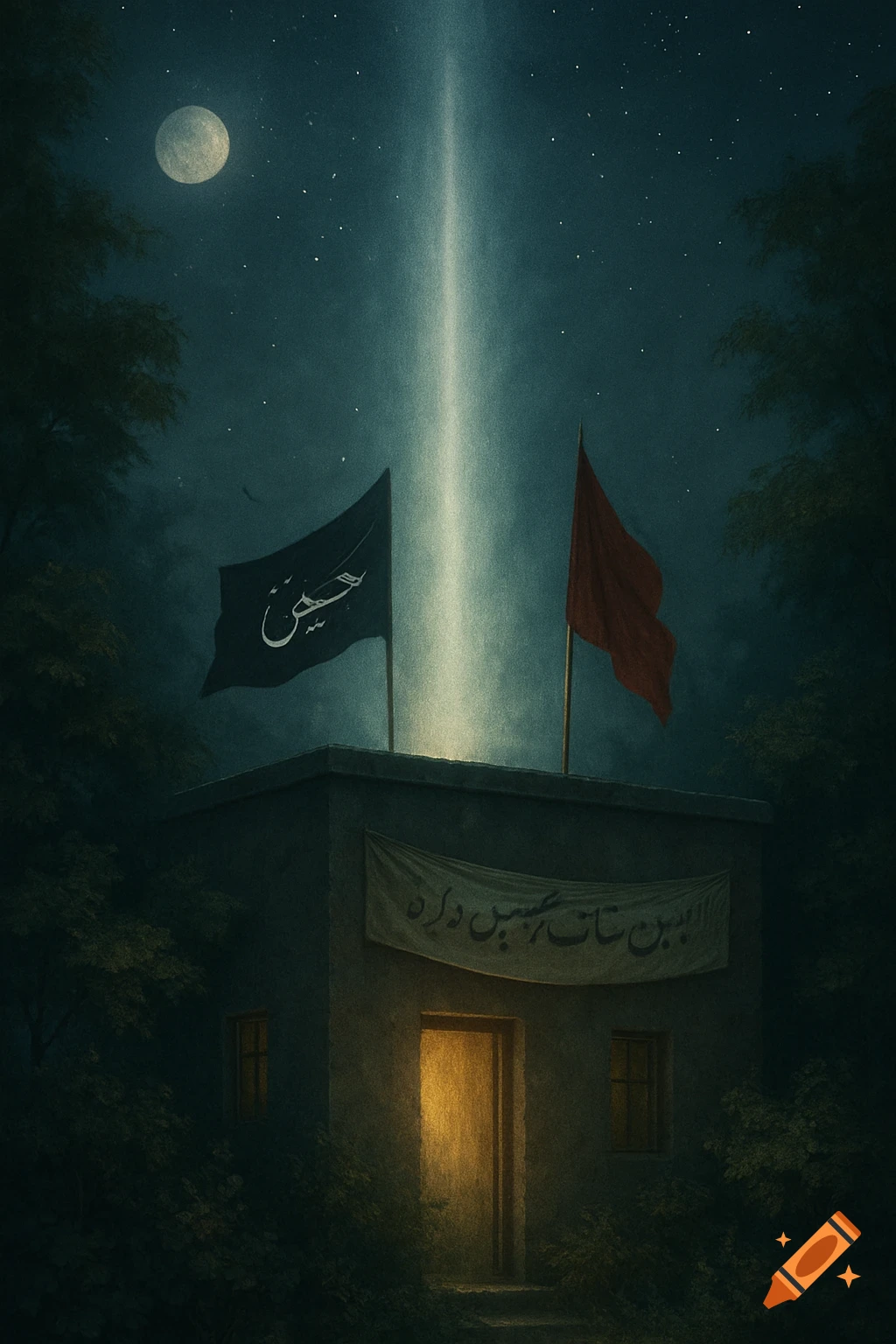 A spiritual night scene of a small building with flags and a banner, under a starry sky with a moon and a light beam.