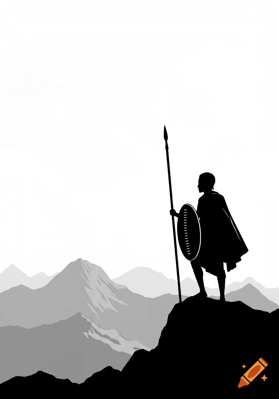 Black and white silhouette of an Ethiopian warrior holding a spear and shield on a mountain ridge with mountains in the background.