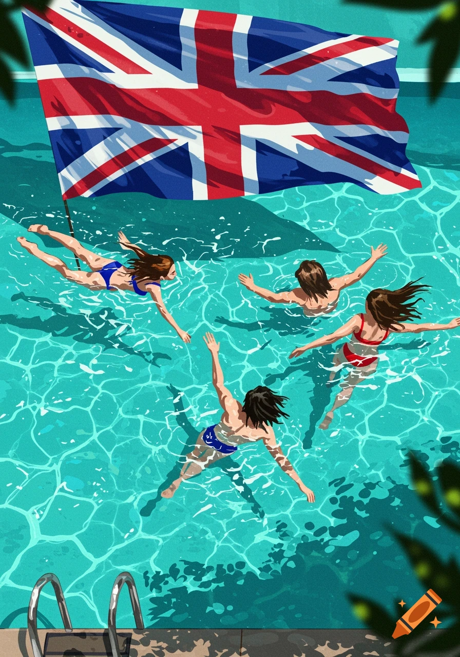 An illustration of four people swimming in a bright blue pool under a large British flag.