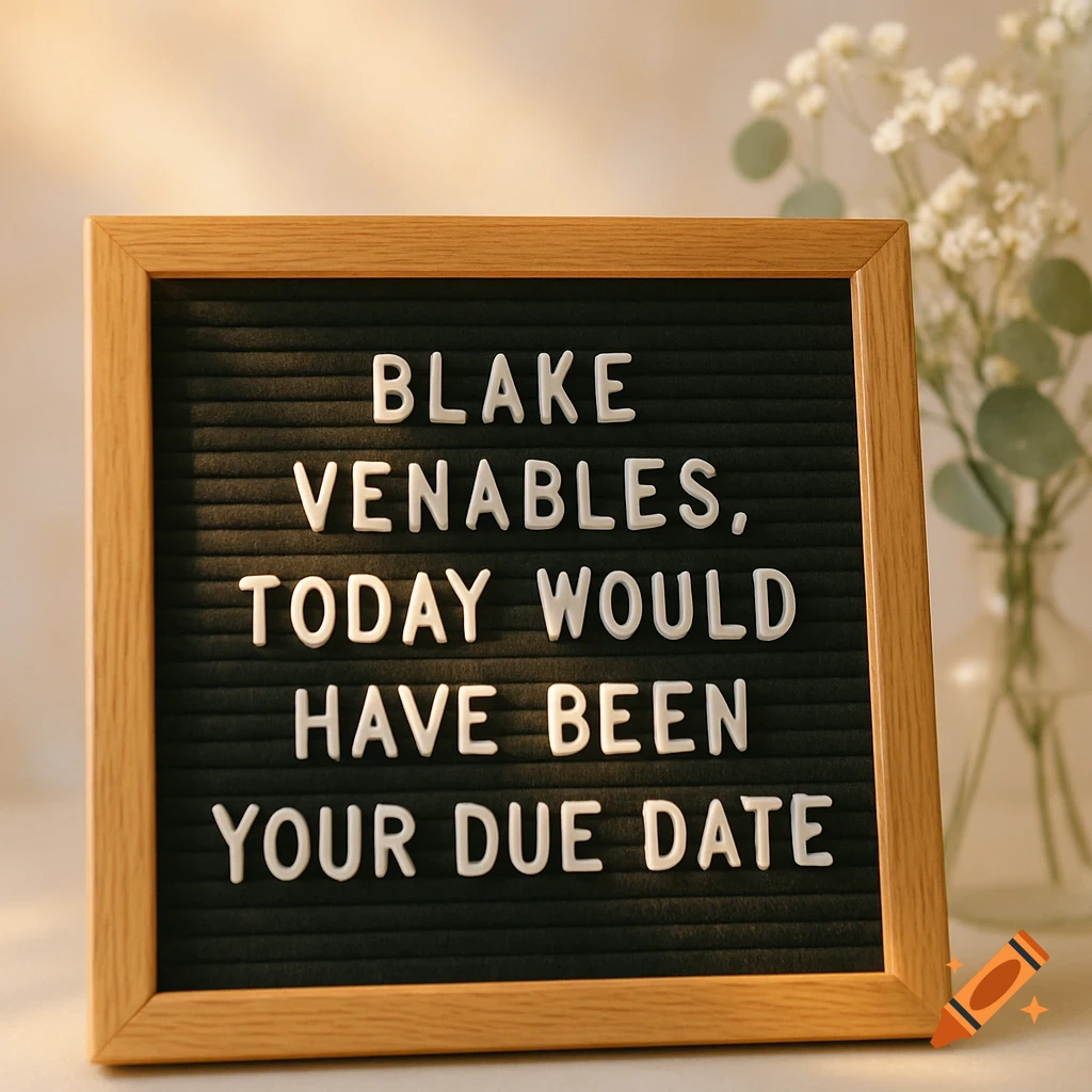 A wooden-framed letterboard displays the message "Blake Venables, Today Would Have Been Your Due Date" with white letters against a black background. A vase with white flowers is blurred in the background.