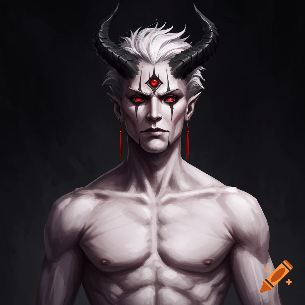 A pale male fantasy character with white hair, black horns, red eyes, and a third red eye on his forehead, with black markings on his face, against a dark background.