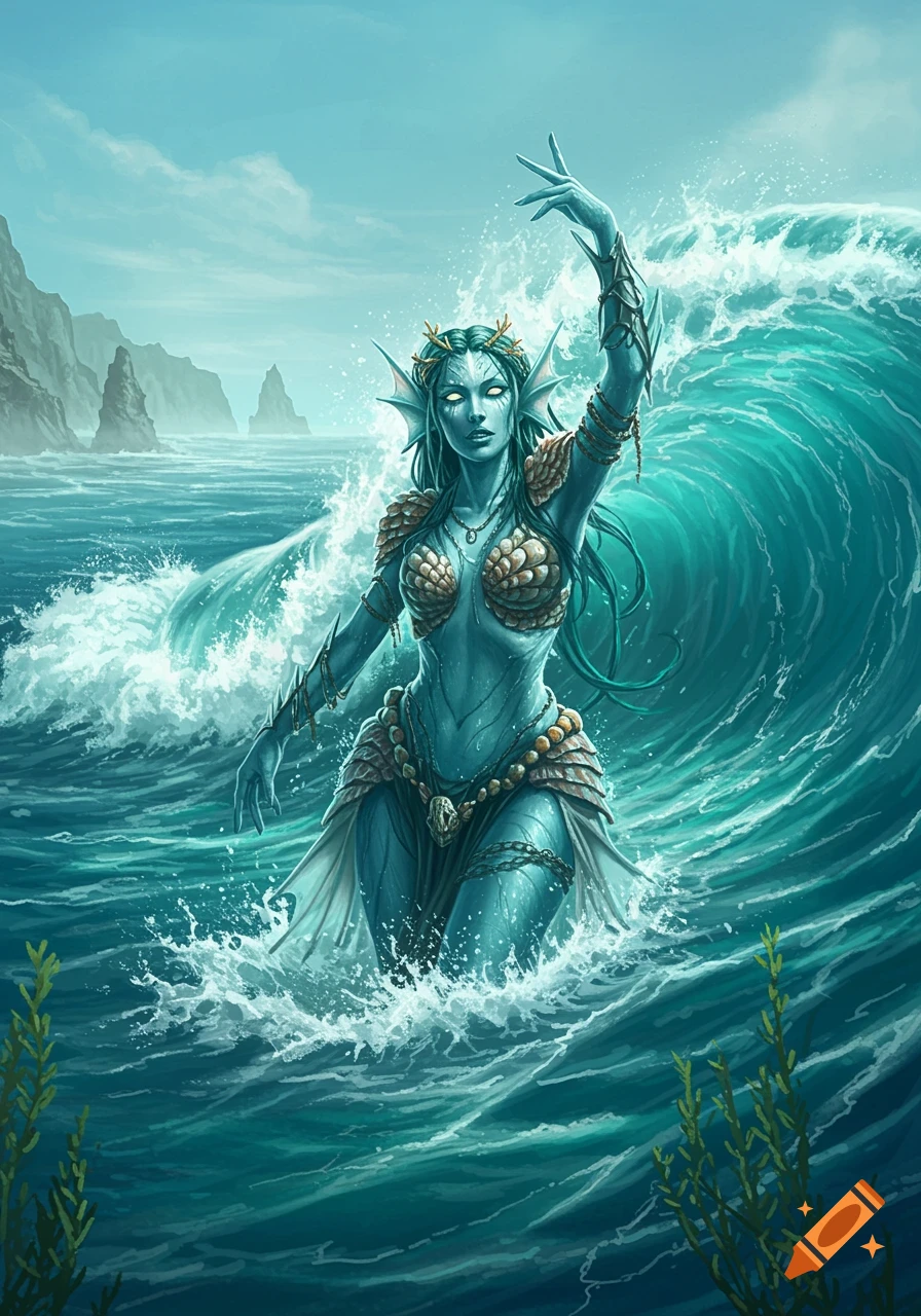 A blue-skinned water goddess, adorned in shells, emerges from a turquoise ocean with a large wave behind her. Fantasy digital art.