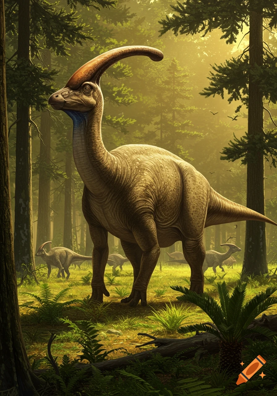 A detailed Parasaurolophus stands in a sunlit, lush prehistoric forest, with other dinosaurs in the background.