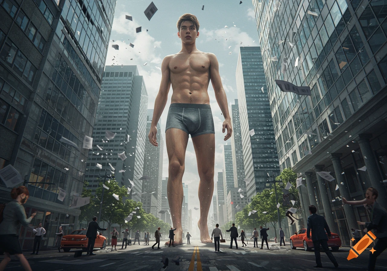 Low angle photorealistic view of a giant man in boxer briefs stepping through a city while small people run away.