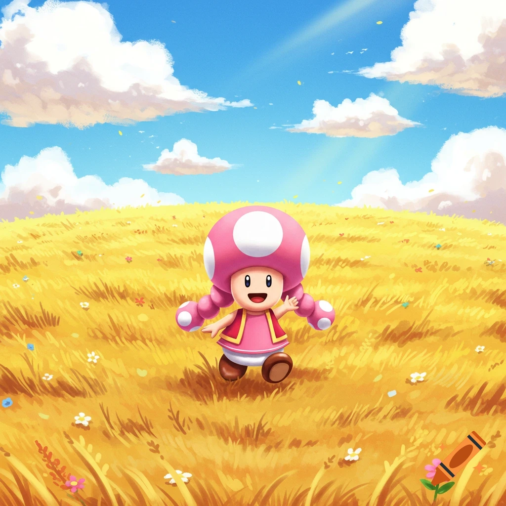 Cartoon illustration of Toadette standing in a golden field under a blue sky with fluffy white clouds.