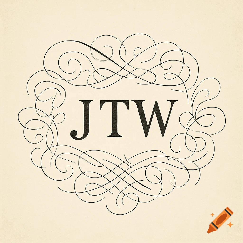 The letters JTW in a classic serif font surrounded by ornate calligraphic swirls on a light background.
