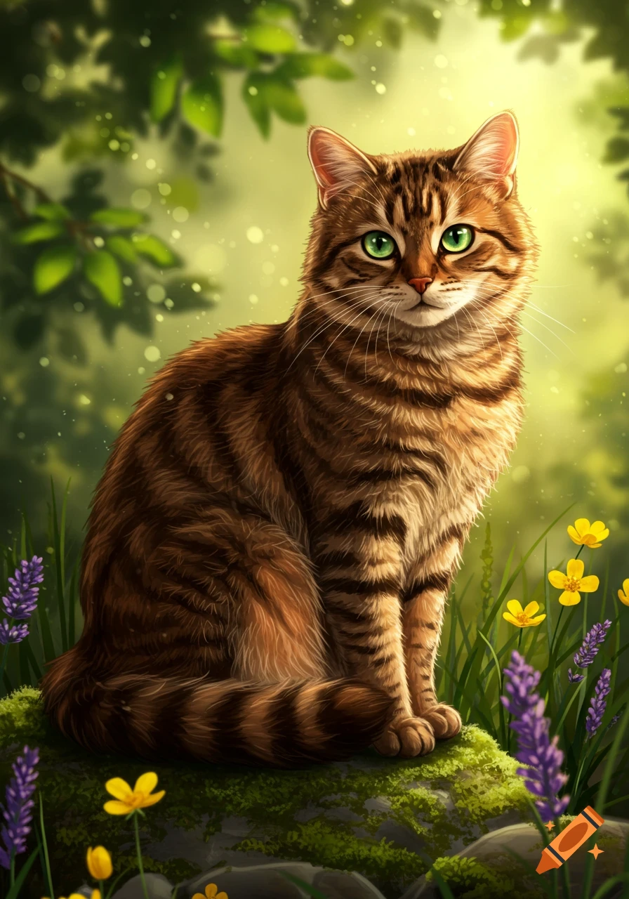 A brown tabby cat with bright green eyes sitting on mossy rocks amidst purple and yellow flowers in a sun-dappled forest.