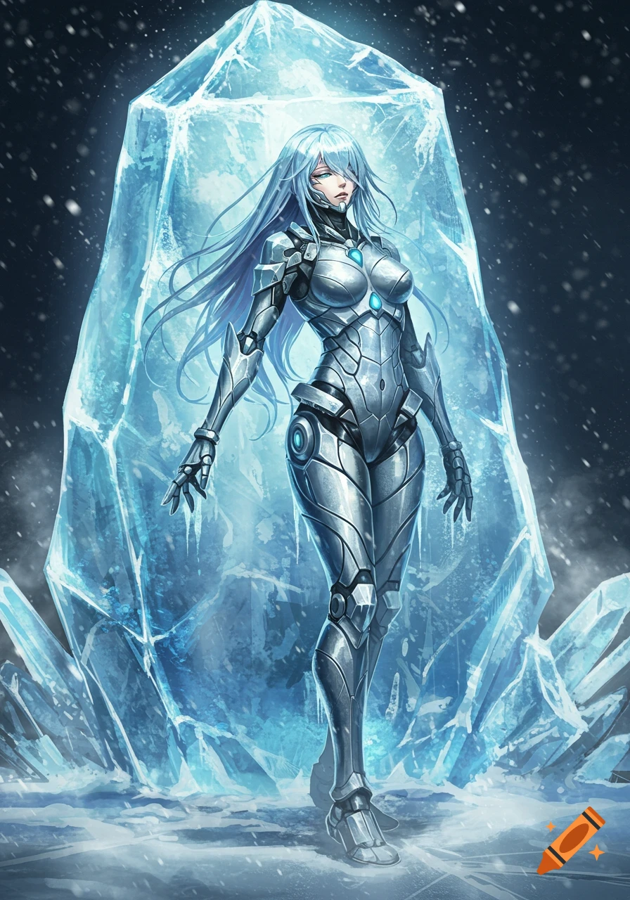 An anime-style woman with long white hair in a metallic sci-fi suit stands in front of a large blue ice block, with snow falling.