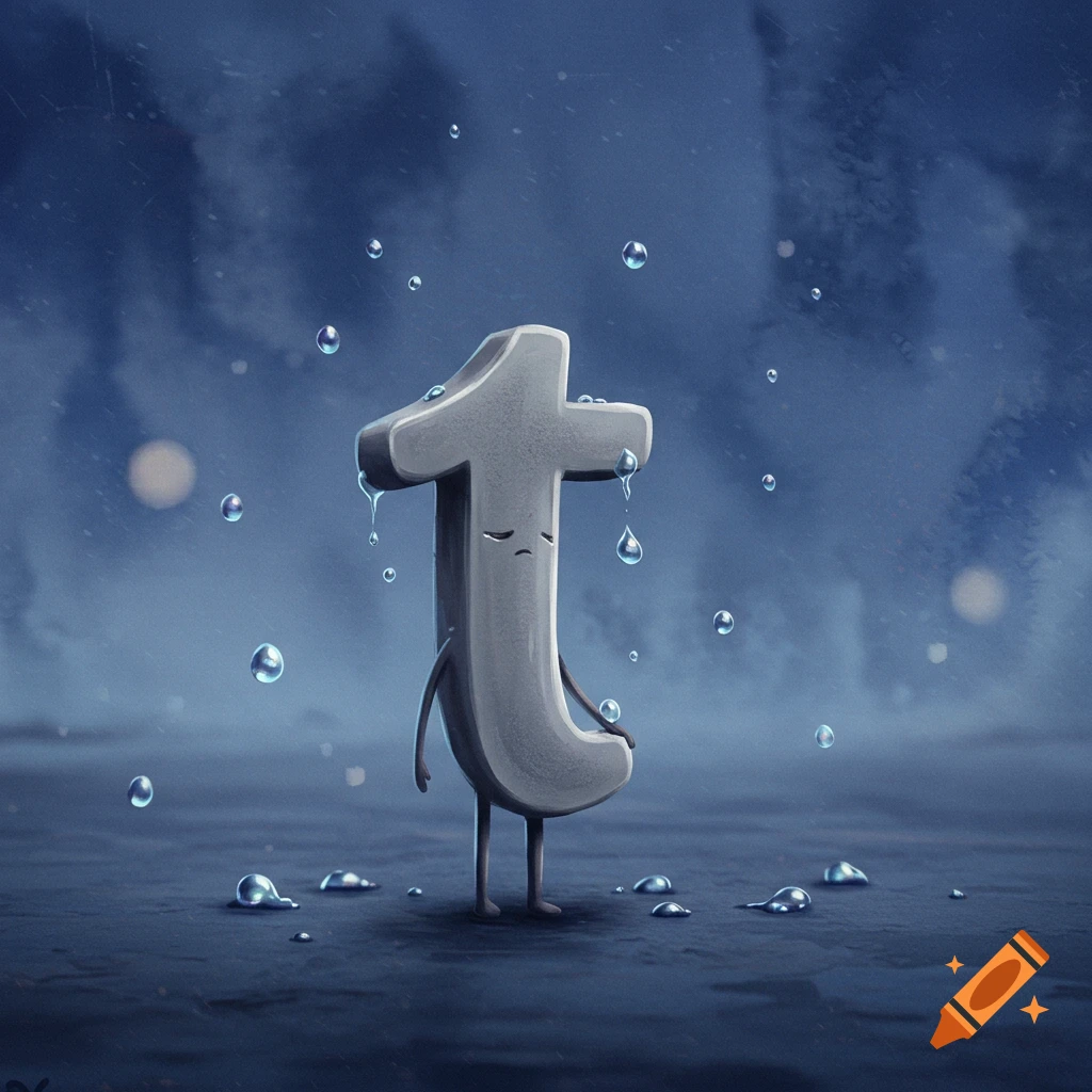 A sad, personified lowercase letter 't' stands in the rain with water dripping from it.