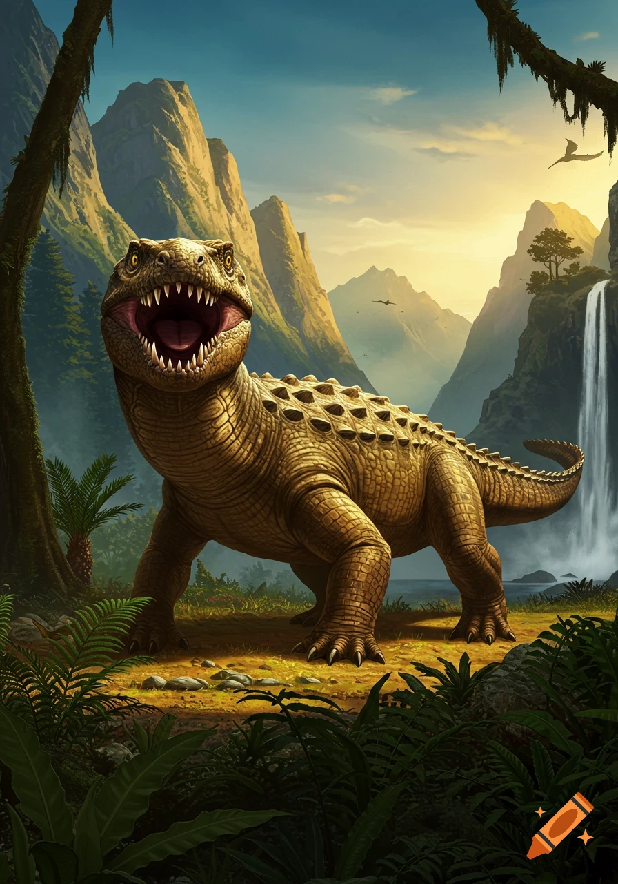 A large, scaly, crocodile-like dinosaur with an open mouth stands in a lush prehistoric valley with mountains and a waterfall at sunset.