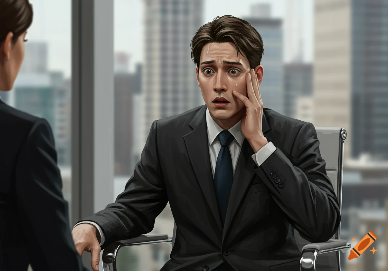 A distressed man in a suit sweats and holds his face during an interview or meeting, illustration style.