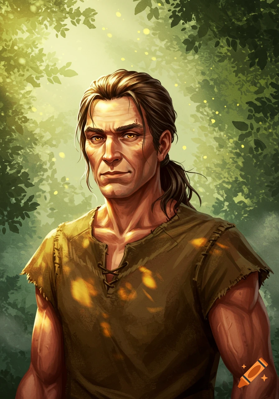 Digital art of a sturdy, middle-aged man with a ponytail, amber eyes, and a tanned face, standing in a sun-dappled forest.