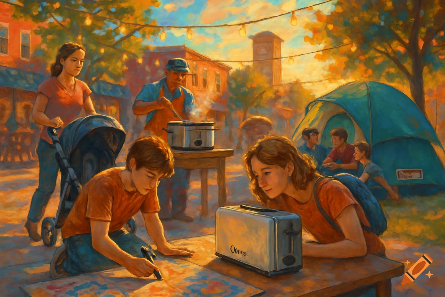 A family gathers outdoors in a warm, painterly scene. A woman pushes a stroller, a man stirs a pot, a boy draws on the ground, and a girl looks at a toaster on a table. A tent and other people are in the background.