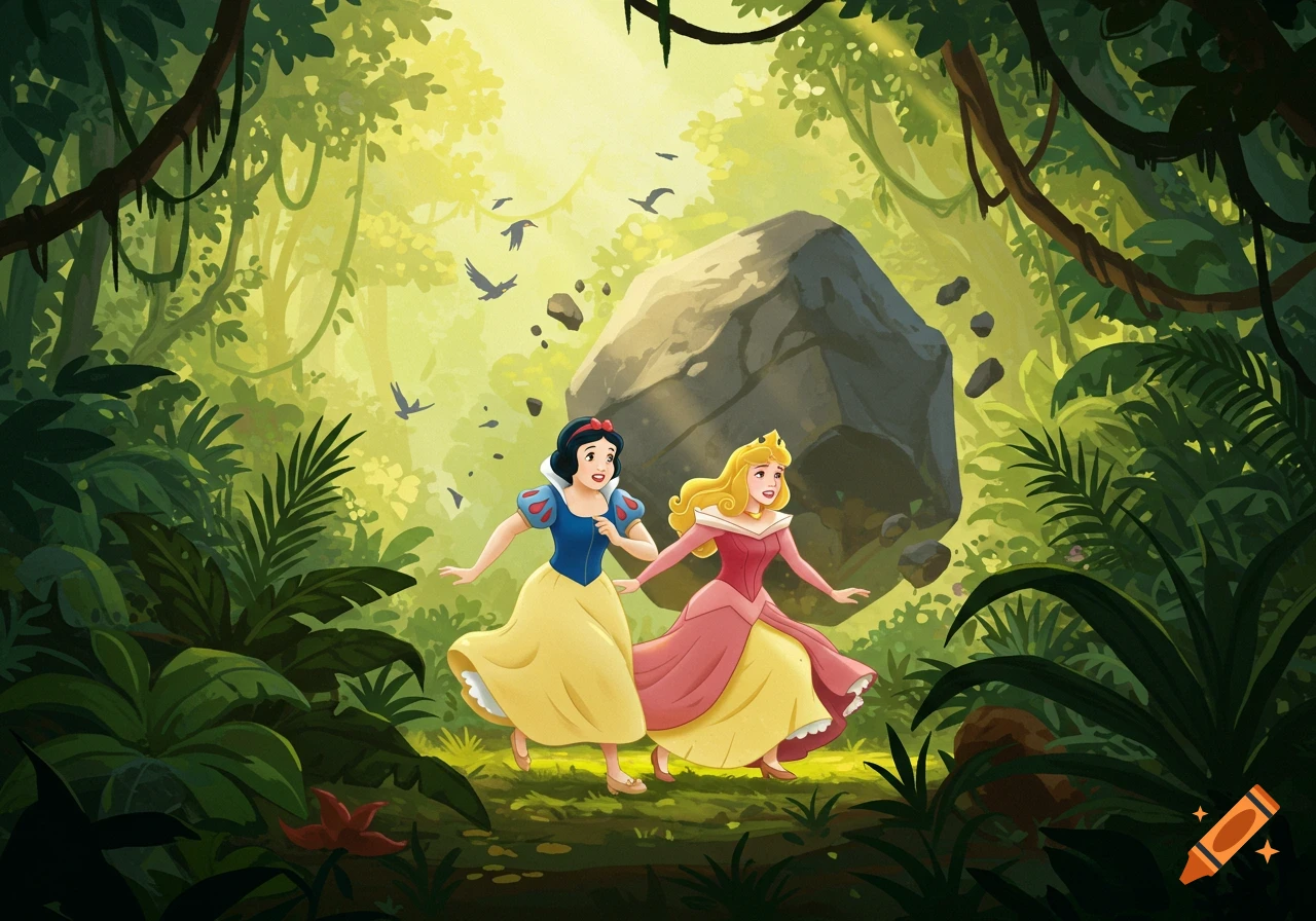 Snow White and Princess Aurora running through a jungle, being chased by a giant rolling boulder, in 2D digital art.